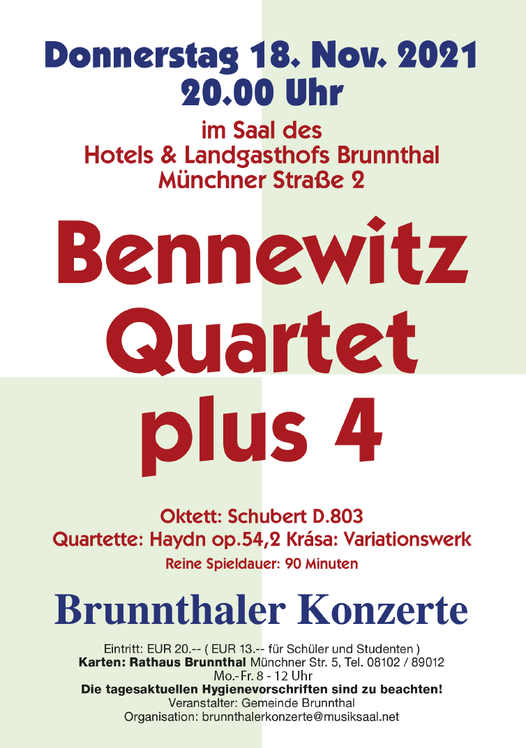 Konzertplakat für Bennewitz Quartet plus 4 am 18.11.2021