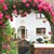 Blick durch pinken Rosenbogen auf ein Haus