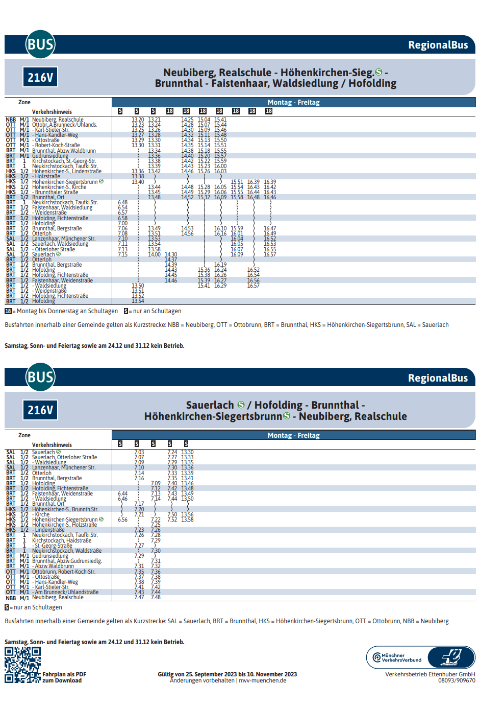 Fahrplan 216V vom 25.09.2023 - 10.11.2023