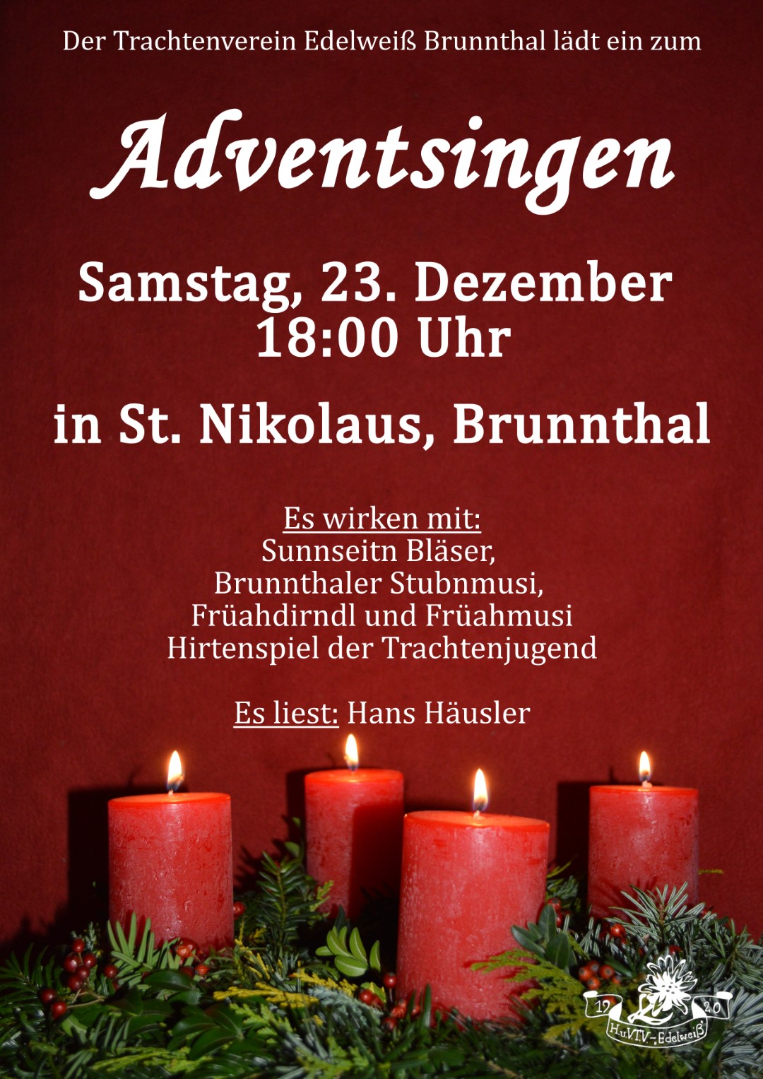 Plakat zum Adventssingen des Trachtenvereins Edelweiß am 23.12.2023